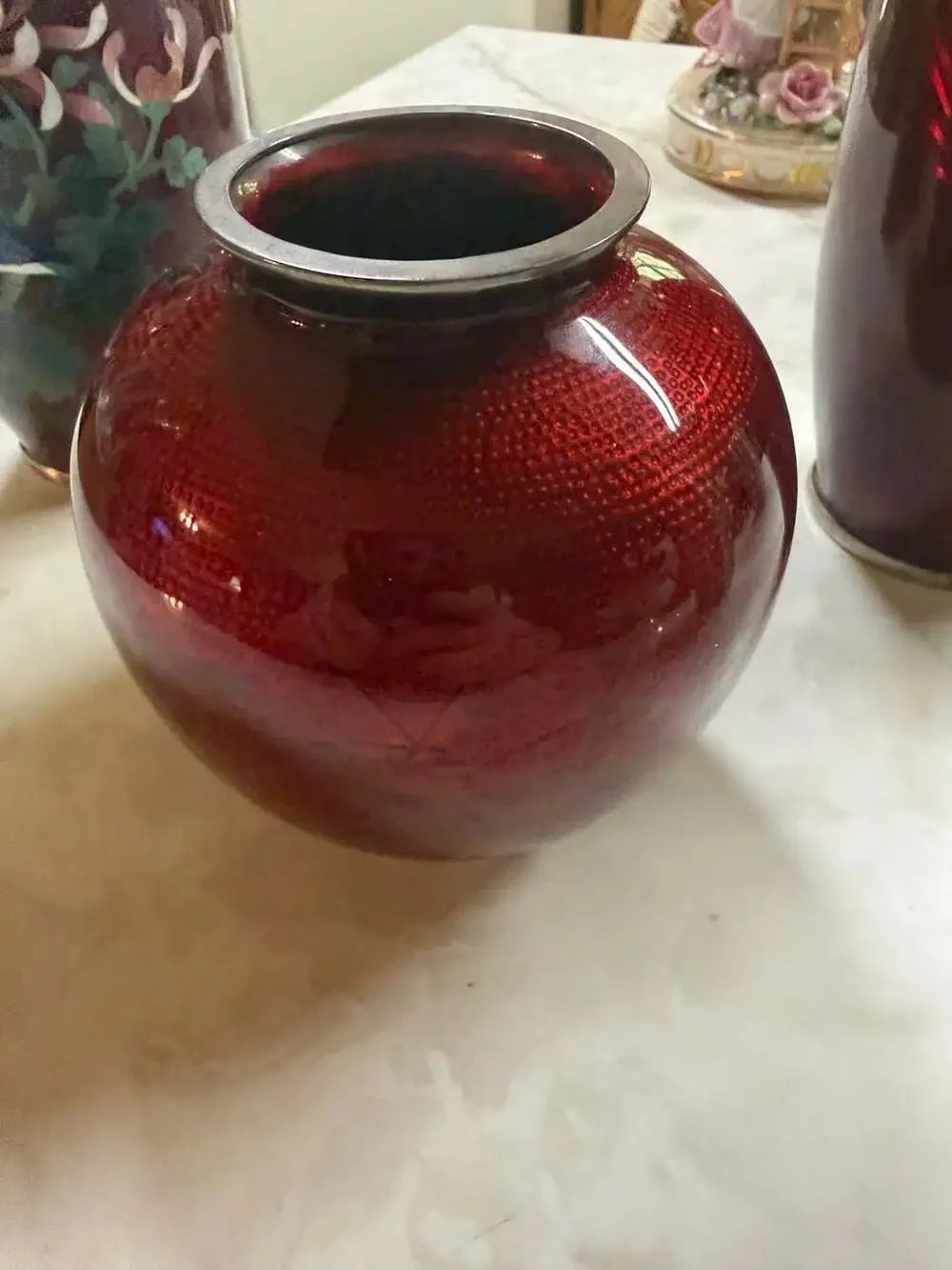 Vintage Japanese Cloisonné Pigeon Blood Red Vases 3 Piece Set Floral and Bird Mo